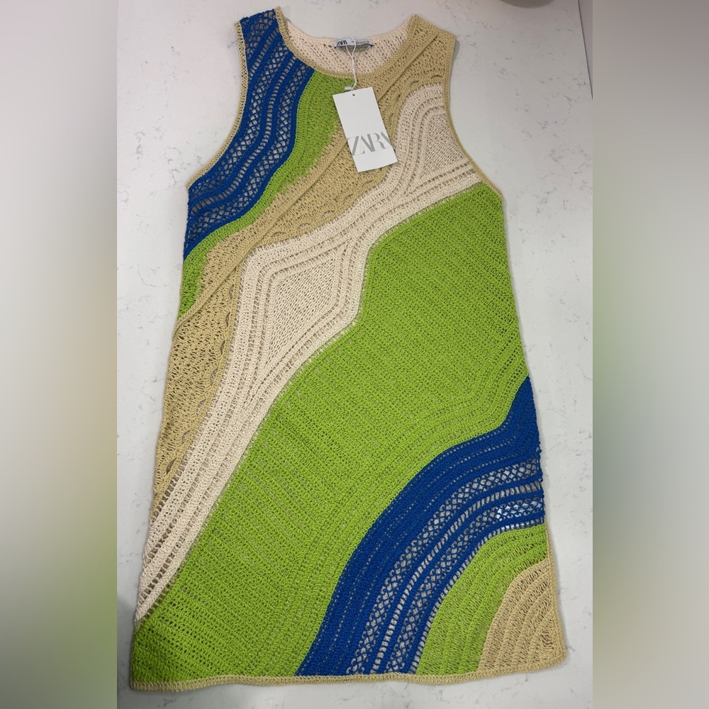 Zara Green, Blue & Cream Crochet Knit Dress